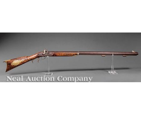Mussman Plains Percussion Rifle, 19th c., lock plate and barrel marked "MUSSMANN/ Pittsburgh", half-stock with patch box, oct