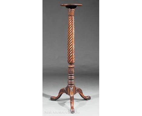 Chippendale-Style Carved Mahogany Torchere, 20th c., rope twist standard, ball and claw feet, h. 52 1/2 in., shelf dia. 10 in