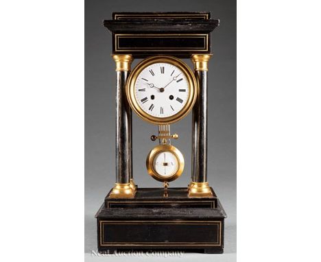 Napoleon III Ebonized Portico Clock, 19th c., brass-mounted columns, striking bell movement, h. 18 3/4 in., w. 10 in., d. 6 i