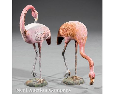 Pair of Vintage Cast Iron and Paint Decorated Pink Flamingo Garden Sculptures, lily pad bases, taller h. 24 in., w. 15 in., d