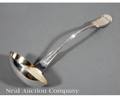 New Orleans Coin Silver Fiddlethread Soup Ladle, Adolphe Himmel (1825/6-1877), act. New Orleans 1852-1877, marked "A.H" and "