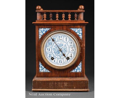 German Blue and White Porcelain-Mounted Walnut Mantel Clock, c. 1900, striking gong movement marked "W & H, Sch." for Winterh