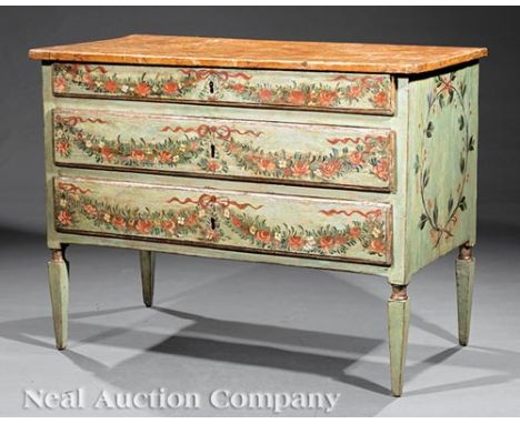Italian Neoclassical Painted Commode, probably 18th c., faux marbre top, three graduated drawers, square tapered legs, h. 34 