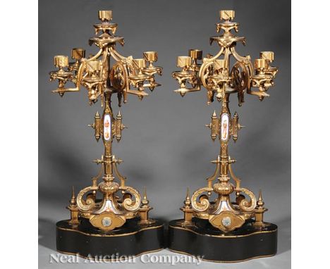 Pair of Gothic Porcelain Inset and Cloisonne Embellished Brass Six-Light Candelabra, 19th c., shaped base, h. 18 5/8 in., now