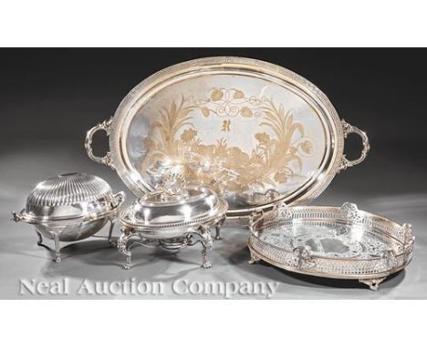 Good Group of Antique and Vintage Silverplate Serving Pieces, inc. tea tray with swan and cattail decoration, 31 1/2 in. x 19