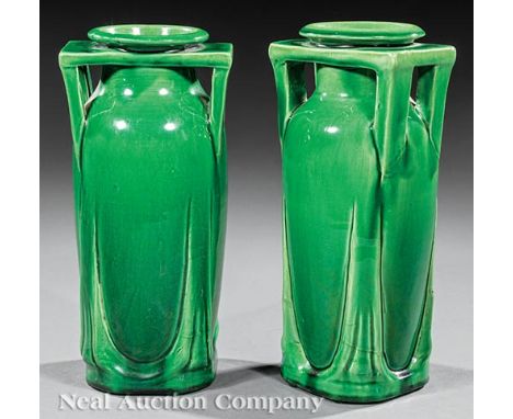 Pair of Japanese Awaji Pottery Green Glazed Vases, c. 1920,  h. 9 1/2 in. Provenance: Thomas K. Libby, South Norwalk, CT    