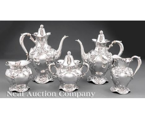 Reed & Barton "Les Cinq Fleurs" Pattern Sterling Silver Coffee and Tea Service, pat. 1900, incl. coffee pot, teapot, covered 