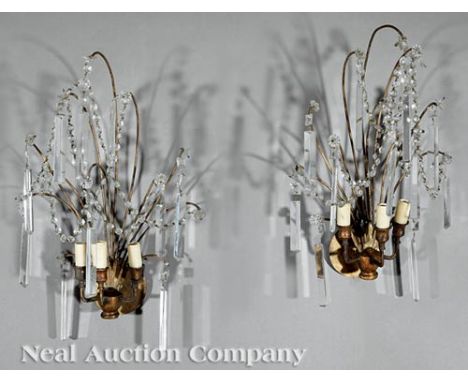 Pair of Italian Gilt Metal and Cut Crystal Three-Light Sconces, 20th c., vasiform backplate, electrified, h. 22 in., w. 13 in
