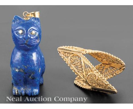 Nigerian Gold Filigree "Slave" Ring, unmarked, low carat; together with a carved lapis lazuli cat pendant with 14 kt. yellow 