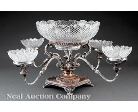 English Silverplate Epergne in the Regency Taste, Israel Freeman & Son, London, founded 1928, with Anglo-Irish cut glass bowl