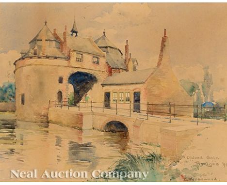 Ellsworth Woodward (American/New Orleans, 1861-1939), "Ostend Gate, Bruges", 1892, watercolor on paper, signed, dated and tit