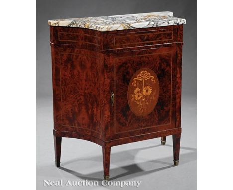 Louis XVI-Style Inlaid Burled Wood Commode, late 19th c., incurvate marble top, conforming case with small drawer above door,