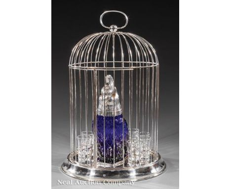 Decorative Silverplate Birdcage-Form Decanter Stand, fitted with cockatoo-form silverplate and cobalt glass decanter and 8 co
