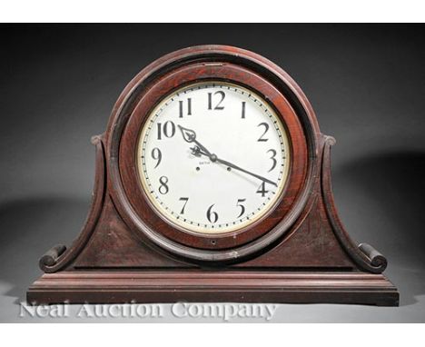 Monumental American Oak Bank Clock, c. 1895, by Seth Thomas, painted dial, hands incorporating fleur-de-lis, winding key also