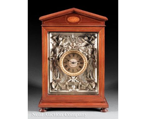 English Inlaid Mahogany Presentation Bracket Clock, late 19th c., dial within silverplate Neoclassical surround, banner engra