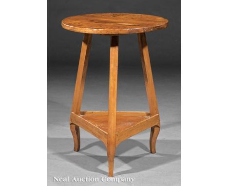 Antique Continental Fruitwood Cricket Table, circular top, splayed uprights, stretcher shelf, cabriole legs; together with an