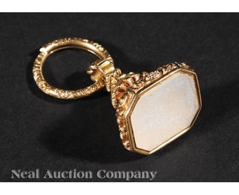 Georgian 18 kt. Yellow Gold and White Carnelian Octagonal Fob Seal, well-carved crest with motto "Potestas et Industria", wit