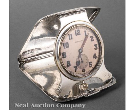 American Sterling Silver Folding Travel Clock, case marked Theodore B. Starr Inc., New York, Longines 7-day movement, Arabic 