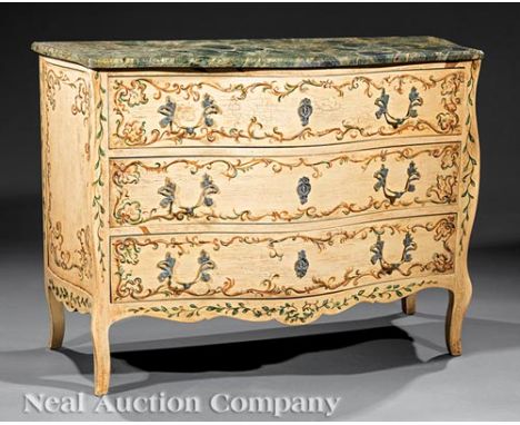 Venetian Painted Bombe Commode, serpentine marble top and stiles, three drawers, scalloped apron, flared legs, h. 34 1/2 in.,