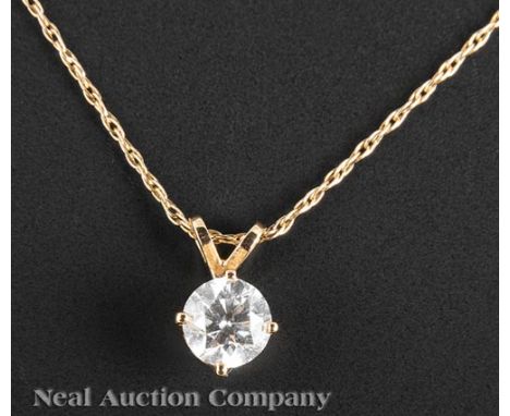 14 kt. Yellow Gold and Diamond Solitaire Pendant on Chain, set with 1 brilliant cut diamond, approx..55 ct., color H-I, clari