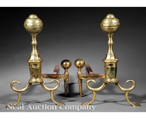 Pair of Antique American Brass Andirons and Fire Tools, 19th c., ball top, faceted shaft, scroll feet, h. 19 1/2 in., w. 12 i