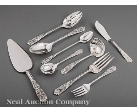 Group of Westmorland "Milburn Rose" Pattern Sterling Silver Flatware, pat. 1940, incl. 8 salad forks, 8 iced tea spoons, tabl