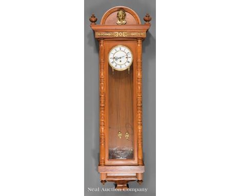 Continental Walnut Regulator Clock, c. 1900, dial 6 1/2 in., triple-weight, striking gong movement, h. 53 in., w. 16 3/4 in.,