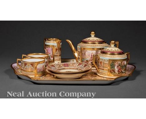 Ambrosius Lamm Dresden Porcelain Tete-a-Tete Tea Set, c. 1887-1915, blue lamb marks, polychrome with gilt bead decoration, in