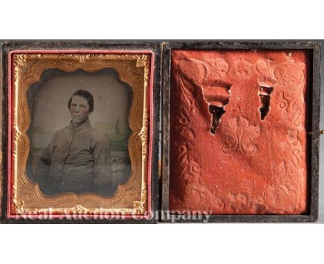 Civil War Sixth Plate Ambrotype of Confederate Soldier in Uniform, descended in the Roman family of Louisiana, watercolor enh