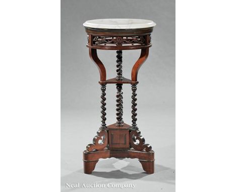 Rare American Rococo Carved Rosewood Candle Stand, c. 1850, attr. to J. & J.W. Meeks, New York, marble top, reticulated skirt