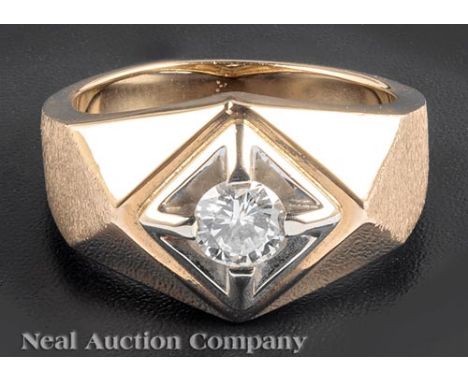 Yellow Gold and Diamond Gentleman's Ring, unmarked, probably 14 kt., set with a full cut diamond approx..50 ct., K-L color, S