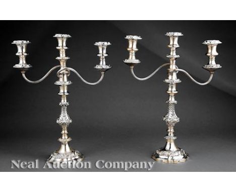 Pair of Gorham Silverplate Three-Light Candelabra in the Georgian Taste, convertible to single candlesticks, removable bobêch