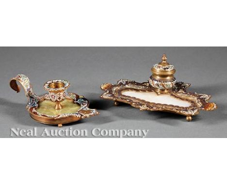French Cloisonne and Onyx Encrier and Chamberstick, 20th c., stick h. 2 1/2 in     