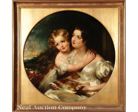Manner of George Henry Harlow (British, 1787-1819), "Portrait of a Mother and her Daughter", oil on canvas, unsigned, 33 1/2 