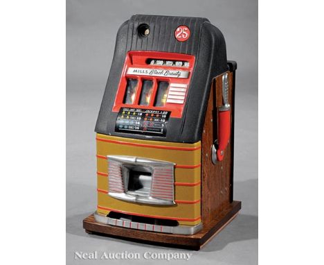 Vintage American 25-Cent Slot Machine, 20th c., "Mills Black Beauty", Mills Novelty Co., Chicago, painted metal and wood, h. 