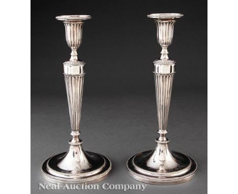 Fine Pair of George III Sterling Silver Table Candlesticks, John Schofield, London, 1780, mark reg. 1778, each with removable