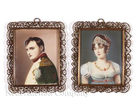 French School, 19th c., "Napoleon" and "Josephine", 2 portrait miniatures, both signed "Latour" lower right, backs with inlai