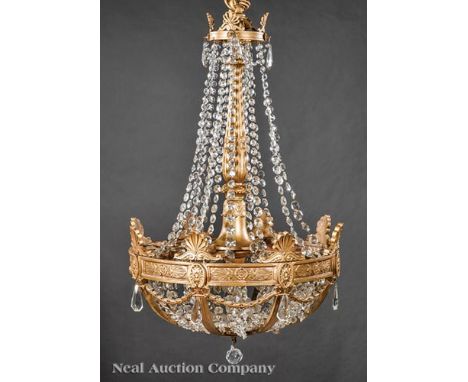 Pair of Empire-Style Giltwood and Cut Glass Chandeliers, c. 1930, acanthine standard, palmette and bellflower decoration, fit