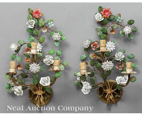 Pair of Continental Tole Peinte and Porcelain-Mounted Three-Light Sconces, 20th c., bouquet form backplate, electrified, h. 1