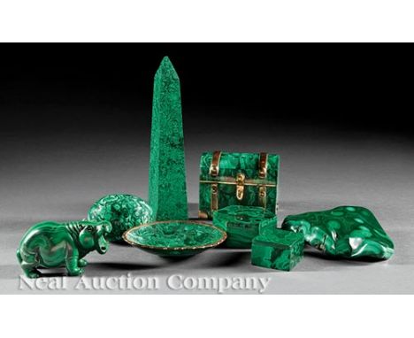 Eight Malachite Table Items, incl. obelisk, h. 8 in.; 3 hexagonal, square and trunk-form boxes, w. 2 7/8 in., 1 3/4 in. and 3