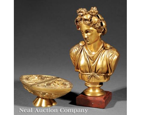 Two French "Grand Tour" Bronzes, incl. bust of a woman, inscribed "F. Barbedienne. Fondeur. Paris" and with foundry seal "Red