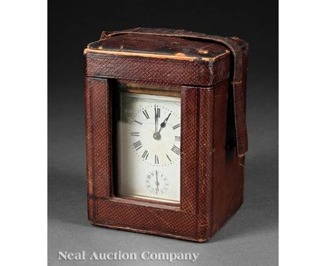 English Brass Travel Carriage Clock, c. 1900, with alarm, bale handle, visible escapement, each side with beveled glass, h. 4
