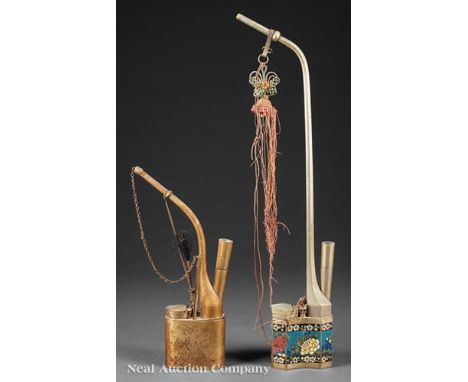 Two Chinese Metal Opium Pipes, 19th/early 20th c., incl. paktong with cloisonne enamel, h. 16 1/2 in.; and brass, h. 9 1/2 in