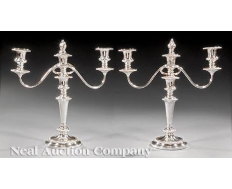Pair of Georgian-Style Silverplate Three-Light Candelabra, Ellis-Barker, Birmingham, 20th c., menorah mark, gadroon borders, 
