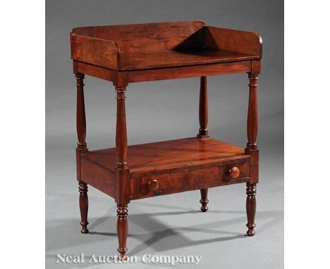 Louisiana Federal Walnut Washstand, early 19th c., shaped splash rail, plain frieze, stretcher shelf drawer, turned vasiform 