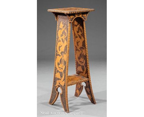 American Art Nouveau Chip Carved Maple Plant Stand, early 20th c., flared supports, stretcher shelf, dolphin and shell motif,