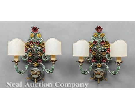 Pair of Italian Polychromed Metal Two-Light Sconces, 20th c., floral bouquet, electrified, h. 17 in., w. 14 in., d. 5 in. Pro