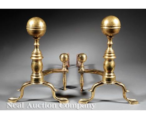Pair of American Federal Brass Ball-Top Andirons, early 19th c., marked "J. Molineaux/ Founder/ Boston", slipper feet, h. 16 
