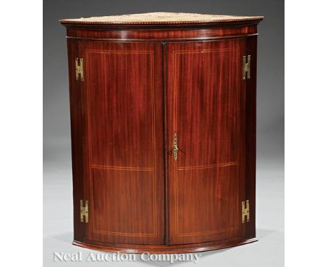 Georgian Inlaid Mahogany Hanging Corner Cupboard, late 18th c., molded cornice, pair of doors, shelf interior with original b