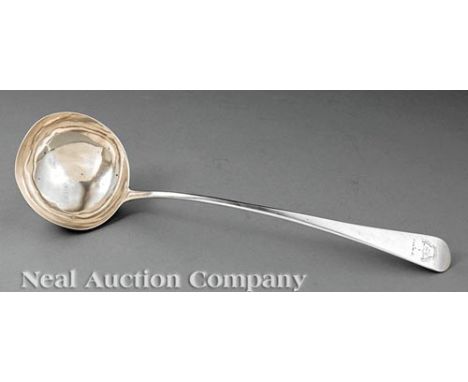 George III Sterling Silver Soup Ladle, London, 1795, maker W*S untraced, "Old English" pattern with engraved crest, l. 13 3/8